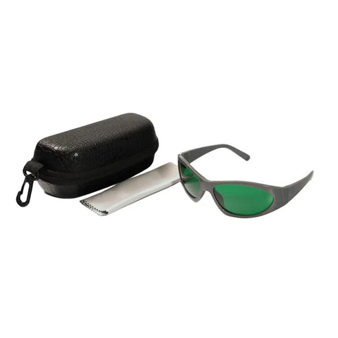 Pro Grade Laser Safety Glasses Shield Your Peepers From Blue Red And Infrared Beams Up To 1100Nm featuring green lenses and case.