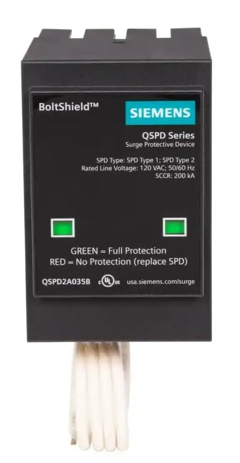 BoltShield Indoor Surge Protector For Home Panels, 35kA Per Phase SPD, Quick Plug In Design, 120 240 Volt Ready, Green Red Visual Status Indicators, Fits Standard Load Centers, Fast No Fuss Install, black Siemens QSPD surge device