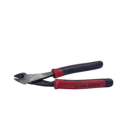 Diagonal Cutting Pliers With Angled Head For Tight Spaces 8 Inch High Leverage With Short Jaws Built For Heavy Duty Go To Electrician Work 36% More Cutting Power Made In USA Durable Electrical Tool with red and black handles.