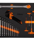 Heavy Duty Black 7 Drawer Rolling Tool Cabinet With Full 207 Piece SAE Mechanic Tool Set Built Damn Tough For Shop Life And Super Smooth Rolling Casters, detailed view of wrenches and hex keys.