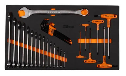Heavy Duty Black 7 Drawer Rolling Tool Cabinet With Full 207 Piece SAE Mechanic Tool Set Built Damn Tough For Shop Life And Super Smooth Rolling Casters, detailed view of wrenches and hex keys.