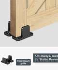 Heavy Duty Box Track Hanger With Bracket Kit For Exterior Sliding Barn Doors Two Pack Supports Doors Up To 300 Lbs Fits Door Thickness From 1 And 3 Eighths Inch To 2 Inch Includes Quiet Rolling Wheels For Smooth Indoor And Outdoor Operation with anti-sway L guide for stability installed on wooden door base.