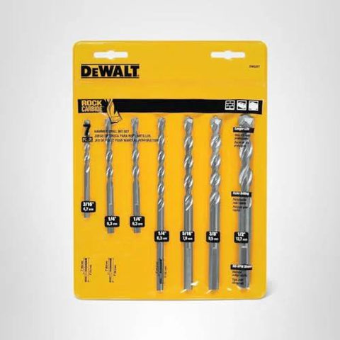 DEWALT 7-piece masonry drill bit set on yellow packaging with carbide bits