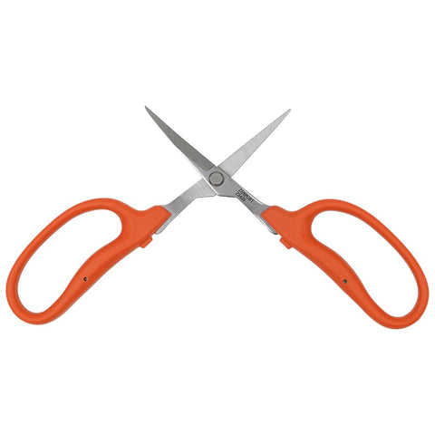 Curved Masamasa Scissors 10 Pack Workhorse Garden Tools for Precision Cutting, orange handles, stainless steel blades, open position.