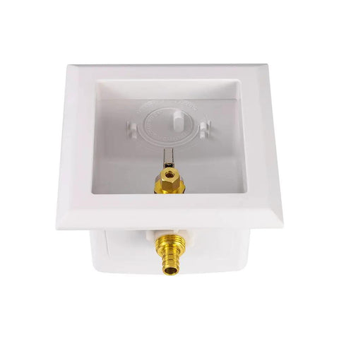 Universal Ice Maker Box with One Half Inch Pex Crimp Inlet and Installed One Quarter Turn Brass Ball Valve Snap On Faceplate
