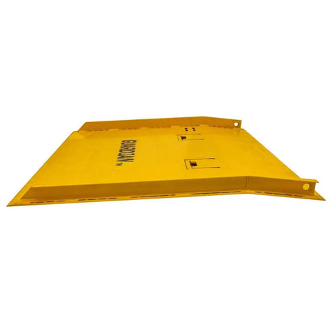 Rugged Steel Dock Board 48X72 Inch 16000 Lb Workhorse Forklift Plate displayed at an angle, showcasing its yellow finish and sturdy design.