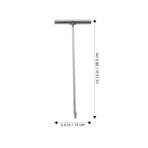 Heavy Duty Manhole Cover Hook With T Shaped Handle 15 Inch Pull Tool in stainless steel with measurement dimensions visible.