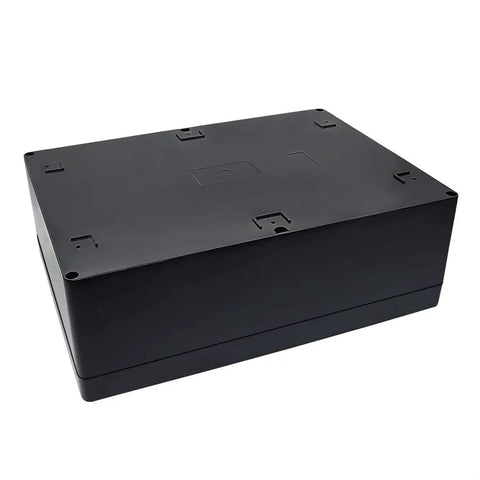 Pro Grade Abs Plastic Project Box Featuring IP65 Beat The Rain Seal For Garage Builds And Roofline Work Kickass Junction Housing Sturdy Enough For Daily Grind In Stealth Black 11.4 X 8.3 X 3.9 Inches, viewed from the side.