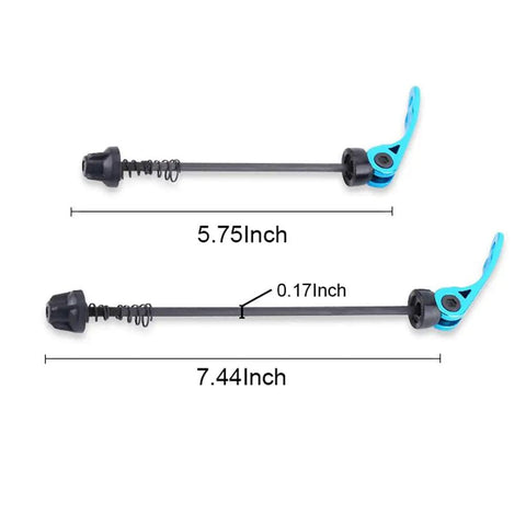Two Pairs Quick Release Bike Skewers Front And Rear Set For Road Mountain MTB And BMX Bikes 145mm Front 180mm Rear 4.5mm Axle Fits 20 To 28 Inch Wheels Heavy Duty QR System Ride Ready, showing front and rear skewers with sizing details in inches.