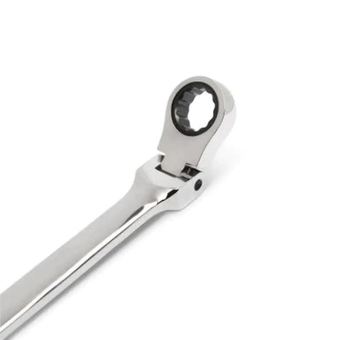 Close-up of chrome 12-point head on Six-Piece 90-Tooth 12-Point Metric Pro-Grade GearBox Double Flex Ratcheting Wrench Set With 4-Degree