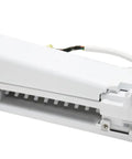 OEM Ice Maker Assembly DA97-12317A for Refrigerator Replacement showing side view with plug-in design and white finish.