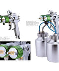 Heavy Duty Dual Nozzle Pneumatic Paint Sprayer With Pressure Feed For Smooth Coating On Any Workpiece Featuring Stainless Steel Tips and Needles, dual cup setup.