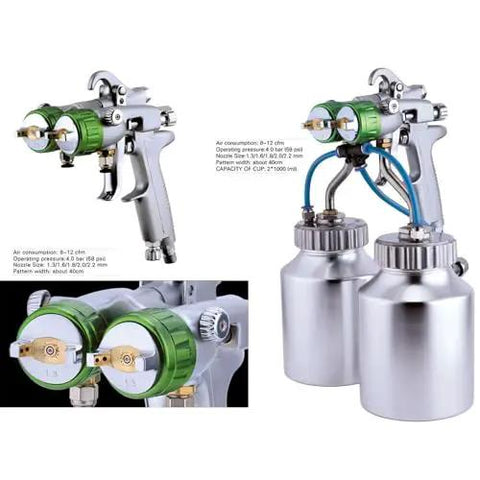Heavy Duty Dual Nozzle Pneumatic Paint Sprayer With Pressure Feed For Smooth Coating On Any Workpiece Featuring Stainless Steel Tips and Needles, dual cup setup.
