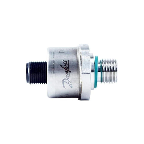 Danfoss stainless steel pressure transmitter side view with threaded ports; compact sensor