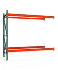 Heavy Duty Steel Pallet Rack Add On Unit 36 Inch Deep By 144 Inch Wide By 96 Inch High Two Tier displaying orange beams and green frame.