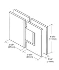 Victoria 180 Degree Glass-To-Glass Shower Hinge in polished chrome, technical diagram showing dimensions for 3/8 to 1/2 inch glass doors.