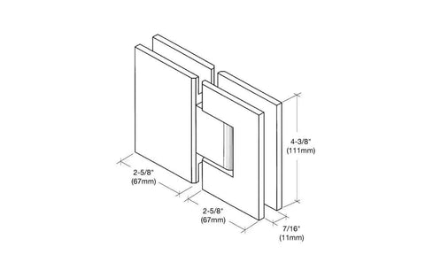Victoria 180 Degree Glass-To-Glass Shower Hinge in polished chrome, technical diagram showing dimensions for 3/8 to 1/2 inch glass doors.