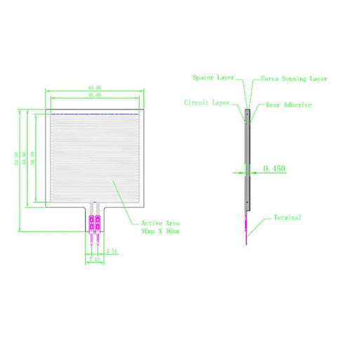 S40 ST Kraftsensor pressure sensor pad film schematic view; active area 36x36 mm with spacer and circuit layers