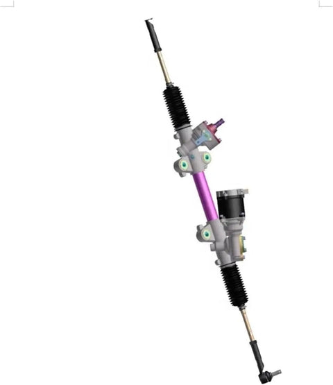 Rock Solid Electric Assist Power Steering Rack And Pinion Assembly Rides Smooth As Butter for SUVs EVs, featuring purple metal frame.