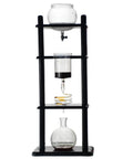 Premium 1 Liter Cold Brew Coffee Machine Hand Blown Glass And Solid Wood Ice Drip Tower with three glass vessels.