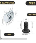 Diagram of T-nut and screw size specifications for 2020 Aluminum Extrusion Corner Bracket Set including M5-5mm screw and 3mm wrench