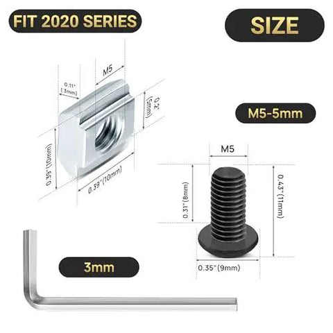 Diagram of T-nut and screw size specifications for 2020 Aluminum Extrusion Corner Bracket Set including M5-5mm screw and 3mm wrench