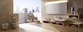 Modern bathroom with wall-mounted sink and city view