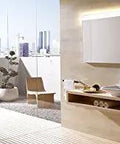 Modern bathroom featuring high grade almond replacement toilet seat with heavy duty resin build and quick release hinges.