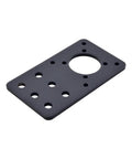 NEMA 17 stepper motor mounting plate, black metal bracket with multiple mounting holes and a large central opening.