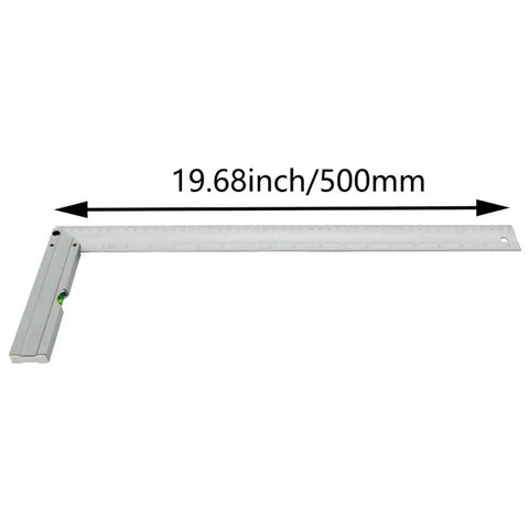 Top Shelf Heavy Duty Stainless Steel L Square Ruler 90 Degree Layout Measuring Tool For Carpenters And Engineers With Dual Scale And Rust Resistant Finish, 500mm length with level and measurement markings.