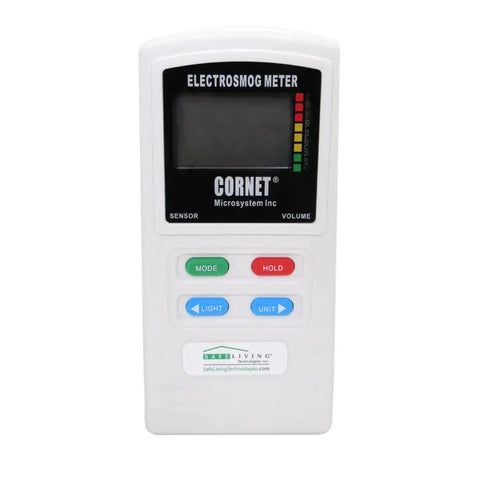 Cornet ED98QPro5G Electrosmog Quad Mode Meter With RF Counter Detects Dominant 100 MHz To 4.2 GHz Source handheld plastic meter front view