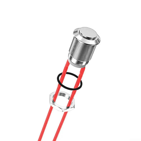 Momentary 12V Push Button Switch 12mm Waterproof Metal 2P Pre-Wired For Auto Marine Industrial Control Panels Silver, Space Saving Design, Easy Install, Returns To Off On Release, front view
