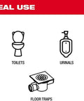 Illustration showing ideal use of Badass 12V M12 Ready Drain Snake And Toilet Auger Combo Kit for toilets, urinals, and floor traps.