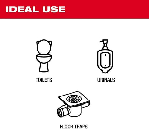 Illustration showing ideal use of Badass 12V M12 Ready Drain Snake And Toilet Auger Combo Kit for toilets, urinals, and floor traps.