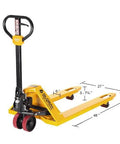 Angled front view of yellow Global Industrial manual pallet jack with 27 in wide by 48 in long forks.