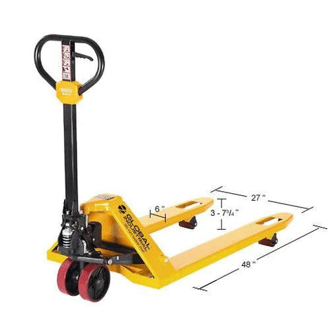 Angled front view of yellow Global Industrial manual pallet jack with 27 in wide by 48 in long forks.