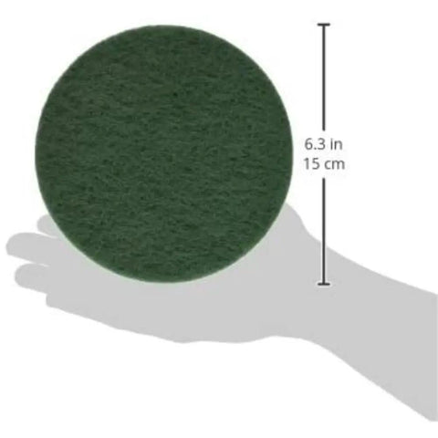 Green Vlies Polishing Abrasive For 150mm Sanders 10 Pack Oil Infused Nonwoven Cloth Pad on hand for size reference.