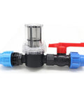 Universal Hose Connector and Drip Irrigation Adapter With 80 Mesh Water Filter For 20mm 25mm And 32mm Plastic Pipes Garden Drip Quick Connector Easy Clean Filtration For Long Lasting Performance, black plastic with blue ends and red valve