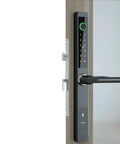 All Weather Smart Door Lock With Hella Durable Fingerprint Entry Smart App Control And Physical Key Backup mounted on wooden door.