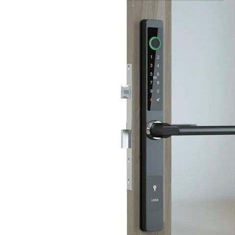 All Weather Smart Door Lock With Hella Durable Fingerprint Entry Smart App Control And Physical Key Backup mounted on wooden door.