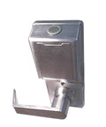 Satin Chrome Trilogy Cylindrical Privacy Lock With Standard Key Bypass And Digital Keypad For Offices side view with lever handle.