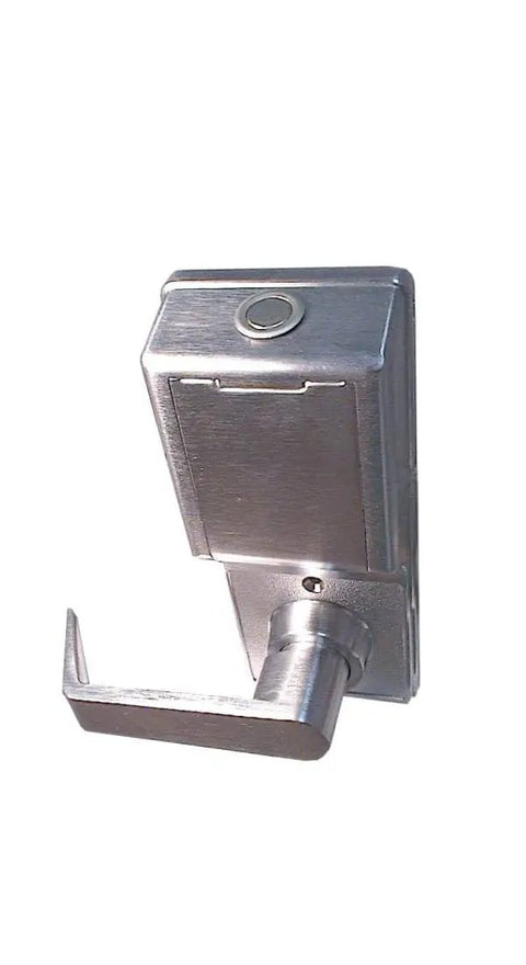 Satin Chrome Trilogy Cylindrical Privacy Lock With Standard Key Bypass And Digital Keypad For Offices side view with lever handle.