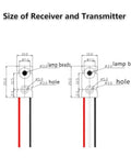 Diagram showing dimensions of Five Pack IR Break Beam Sensor Modules For Arduino, with labeled receiver and transmitter sizes.