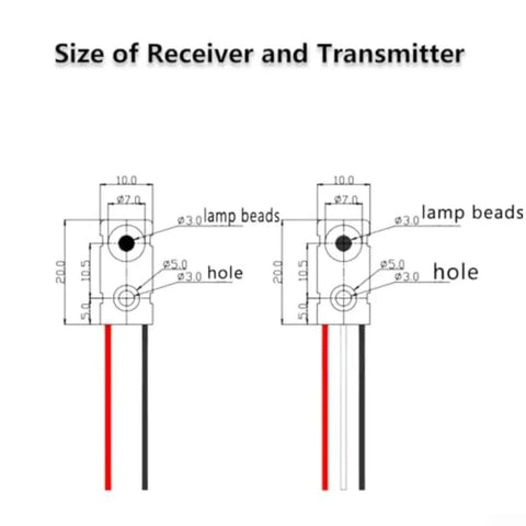 Diagram showing dimensions of Five Pack IR Break Beam Sensor Modules For Arduino, with labeled receiver and transmitter sizes.