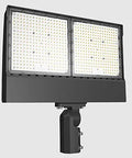 Built Tough Commercial LED Floodlight 3 Way Adjustable Wattage 250W 350W 400W Heavy Duty Outdoor Security Light 480 Volt Dimmable With Twistlock Photocell IP65 Rated Slipfitter Mount For Parking Lots And Warehouses, front view.