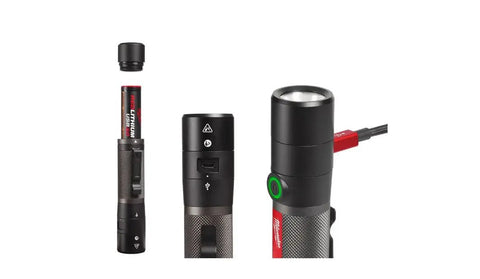 Rechargeable LED Flashlight 800 Lumens With TrueView Output shown with battery and USB charging feature