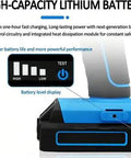 High-capacity lithium battery for Cordless Brushless Rivet Gun With 20V Battery, showing battery level display and charging features.