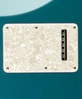 Modern Stratocaster Backplate In Aged White Moto Finish Premium Celluloid Pickguard Quality Replacement installed on guitar.