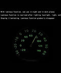 Front view of a mini car dashboard thermometer with glow-in-the-dark green numbers and air-vent clip