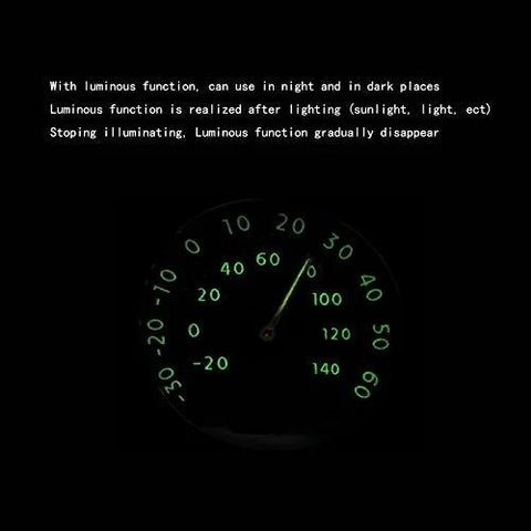 Front view of a mini car dashboard thermometer with glow-in-the-dark green numbers and air-vent clip